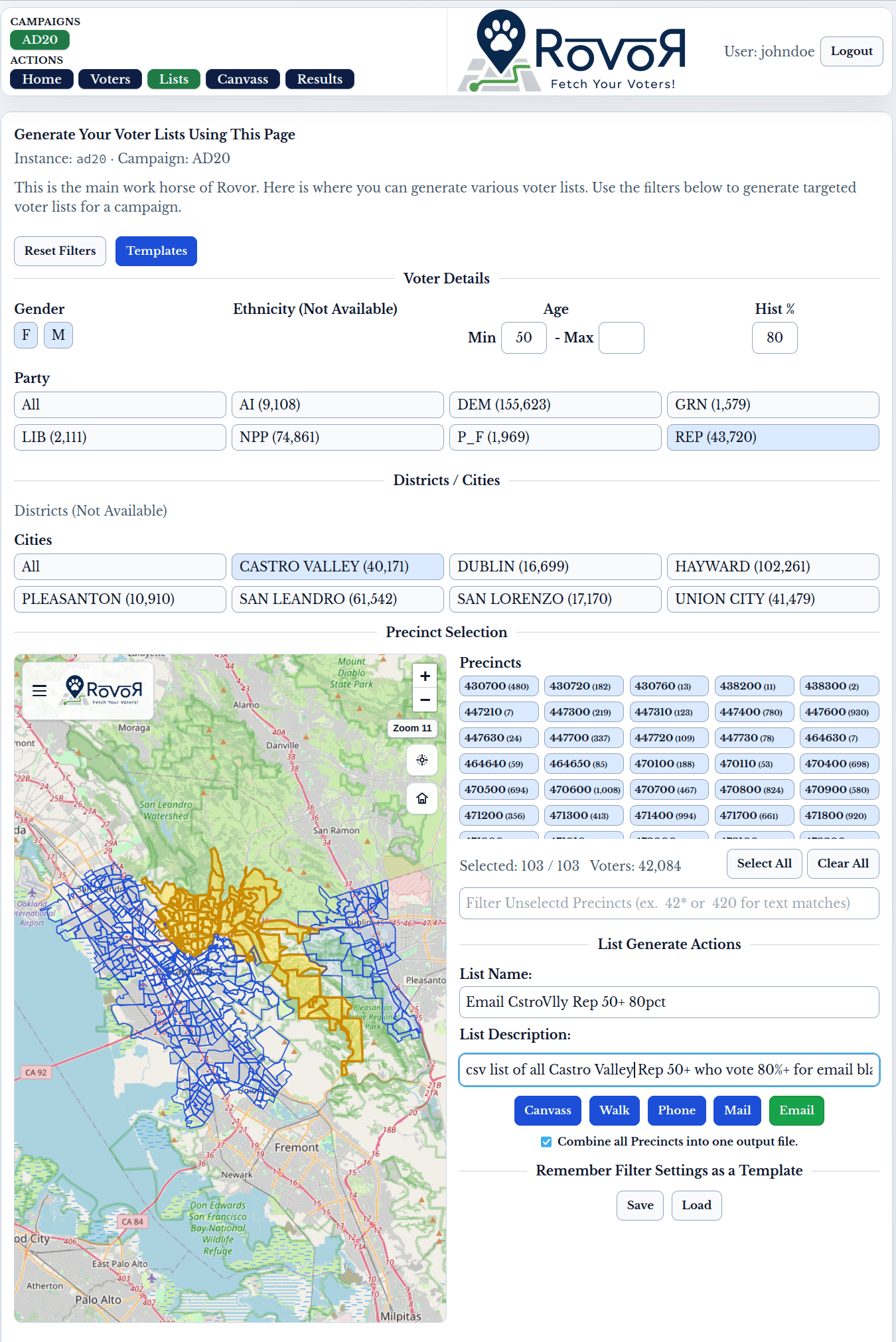 Lists page screenshot